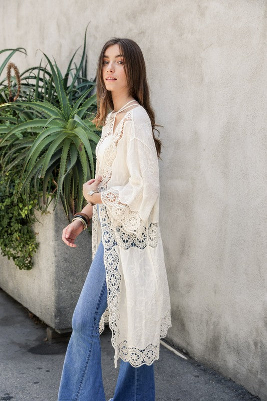 Crochet Open Patch Longline Kimono - Tigbul's Variety Fashion Shop