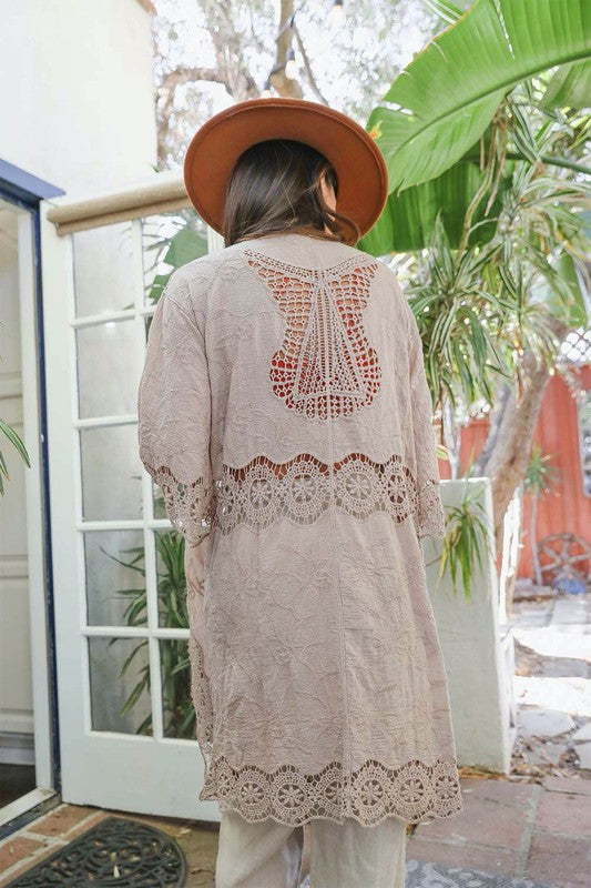 Crochet Open Patch Longline Kimono - Tigbul's Variety Fashion Shop