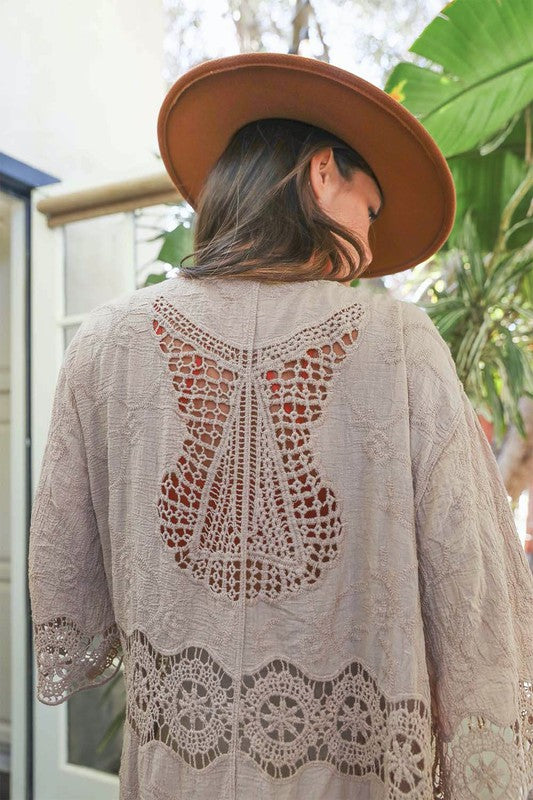 Crochet Open Patch Longline Kimono - Tigbul's Variety Fashion Shop