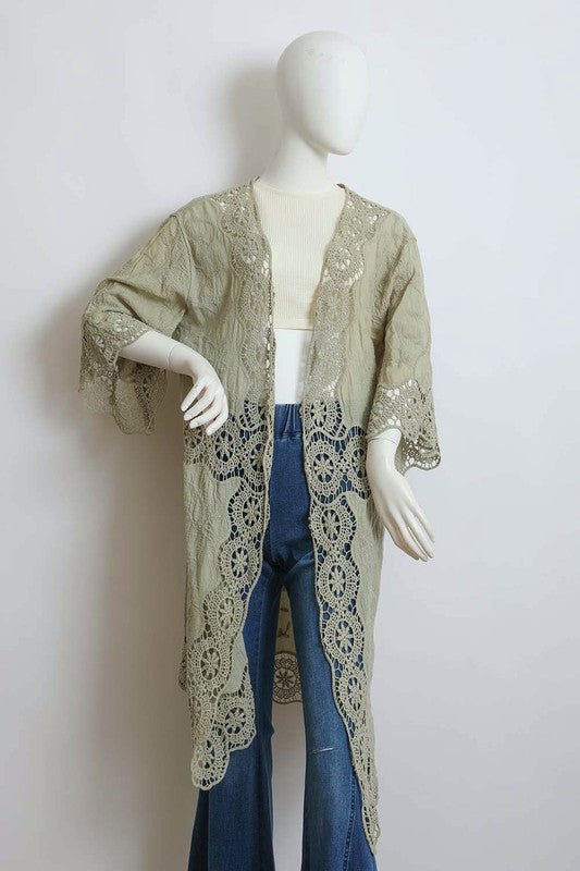 Crochet Open Patch Longline Kimono - Tigbul's Variety Fashion Shop