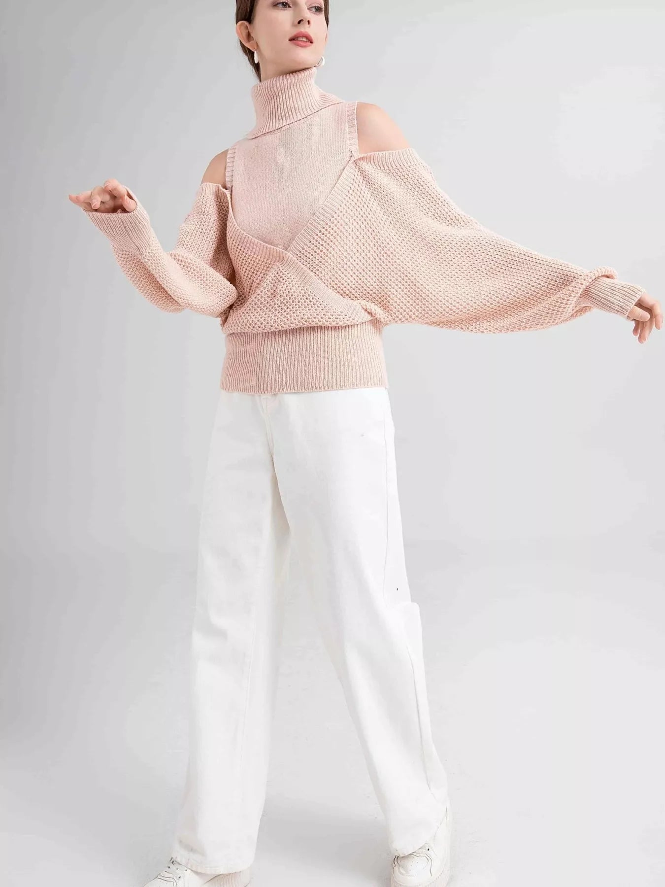 Waffle Knit Cold Shoulder Turtleneck Sweater - Tigbul's Variety Fashion Shop