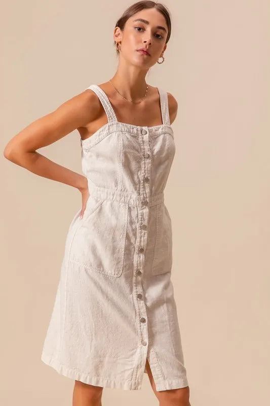 Button Down Pocket Front Off White Pinafore Dress - Tigbul's Variety Fashion Shop