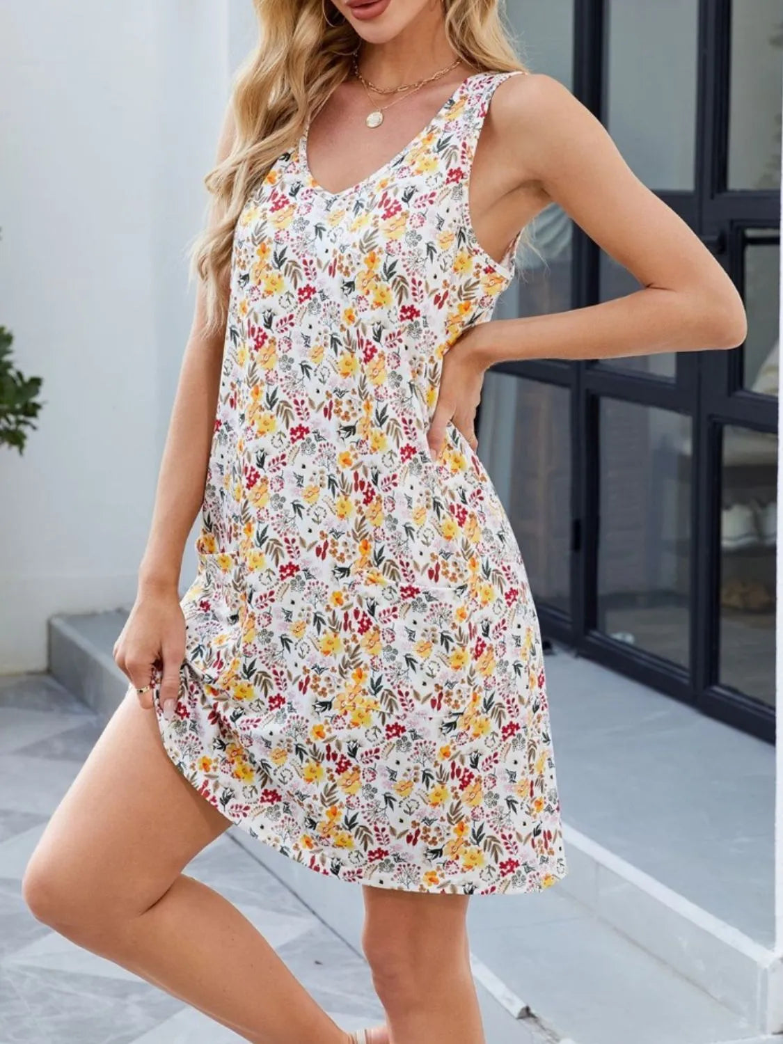 Printed V-Neck Sleeveless Mini Dress with Pockets - Tigbul's Variety Fashion Shop