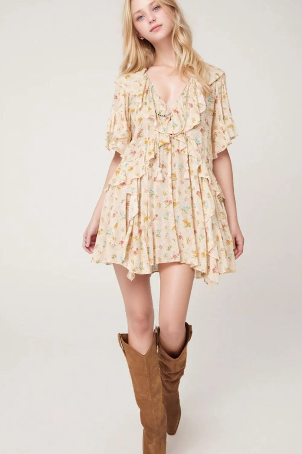 Boho Floral Tassel Tie V Neck Ruffle Wide Sleeve Mini Dress - Tigbul's Variety Fashion Shop