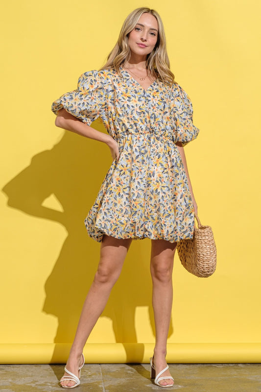 Floral Surplice Puff Sleeve Dress - Tigbul's Variety Fashion Shop