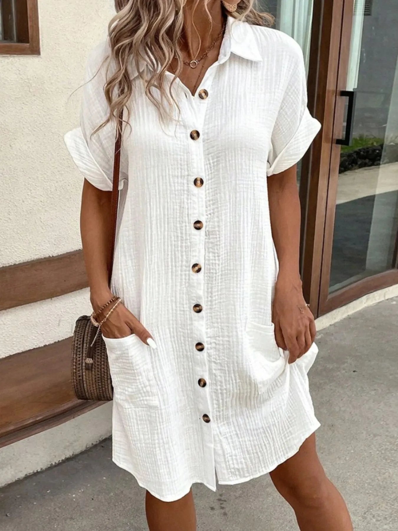 Casual Button Down Cotton Shirt Dress with Pockets - Tigbul's Variety Fashion Shop