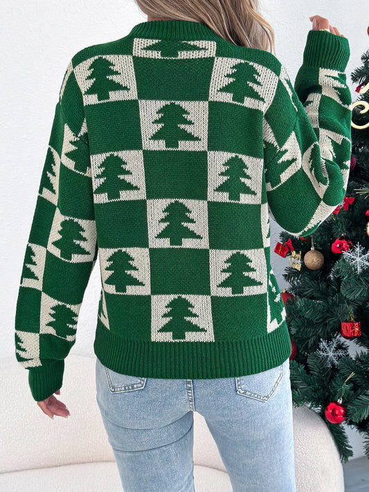Christmas Tree Checkerboard Pattern Sweater - Tigbul's Variety Fashion Shop