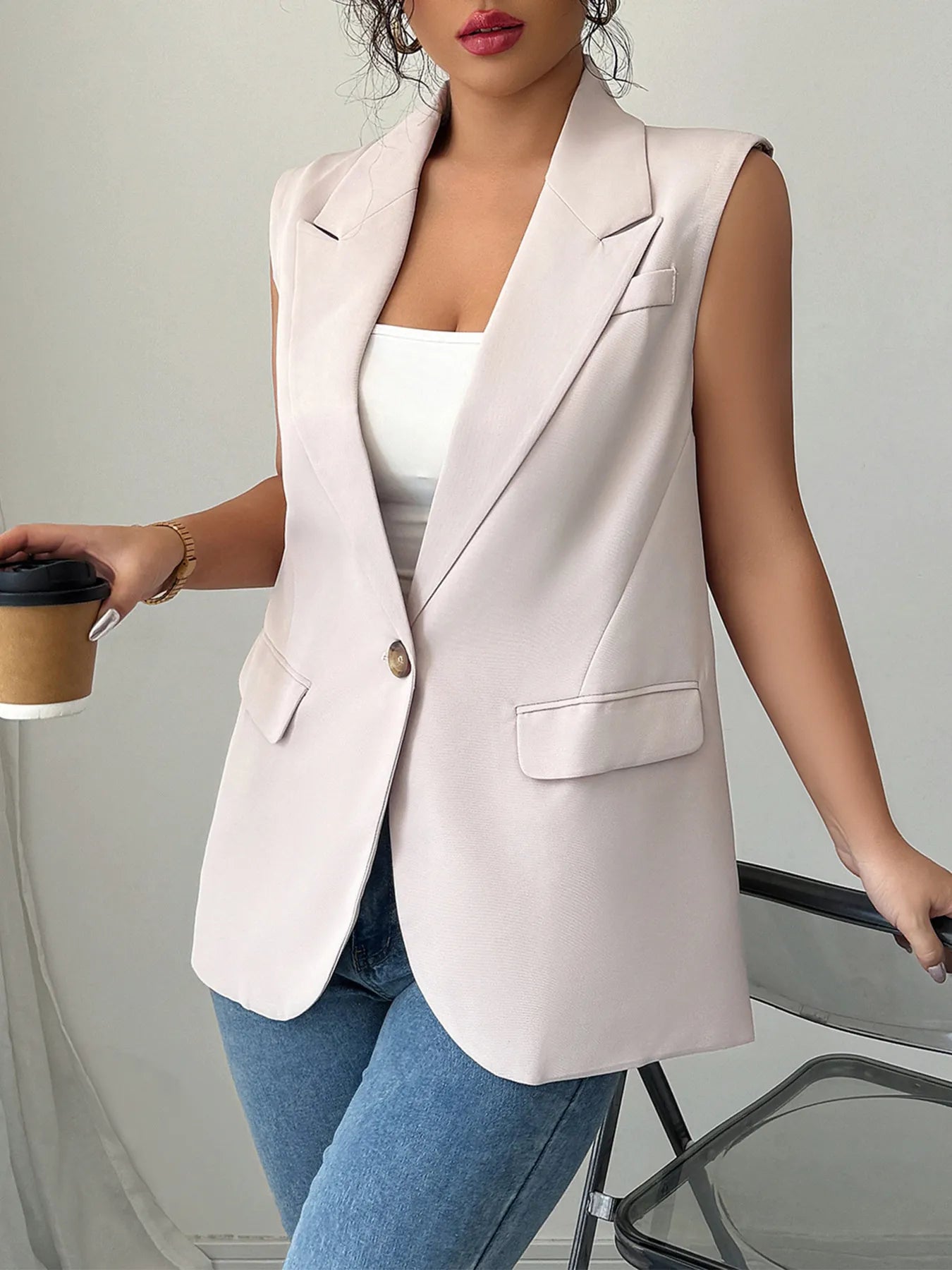 One Button V-Neck Blazer Vest Coat - Tigbul's Variety Fashion Shop