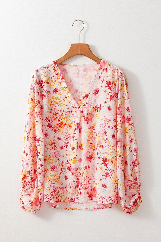 Women Pink Floral Bubble Sleeve V Neck Blouse - Tigbul's Variety Fashion Shop
