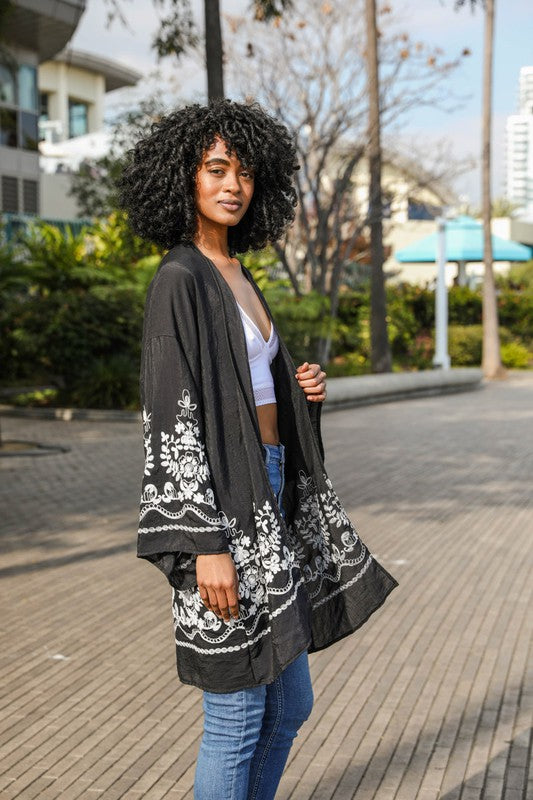 Embroidered Floral Vine Lightweight Kimono - Tigbul's Variety Fashion Shop