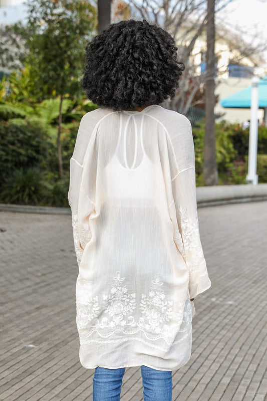 Embroidered Floral Vine Lightweight Kimono - Tigbul's Variety Fashion Shop
