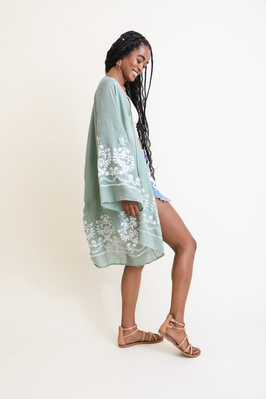 Embroidered Floral Vine Lightweight Kimono - Tigbul's Variety Fashion Shop