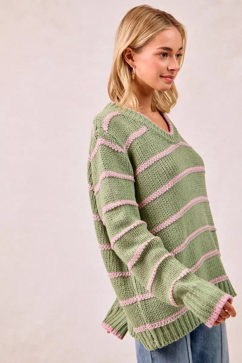 BiBi Striped Long Sleeve Sweater - Tigbul's Variety Fashion Shop