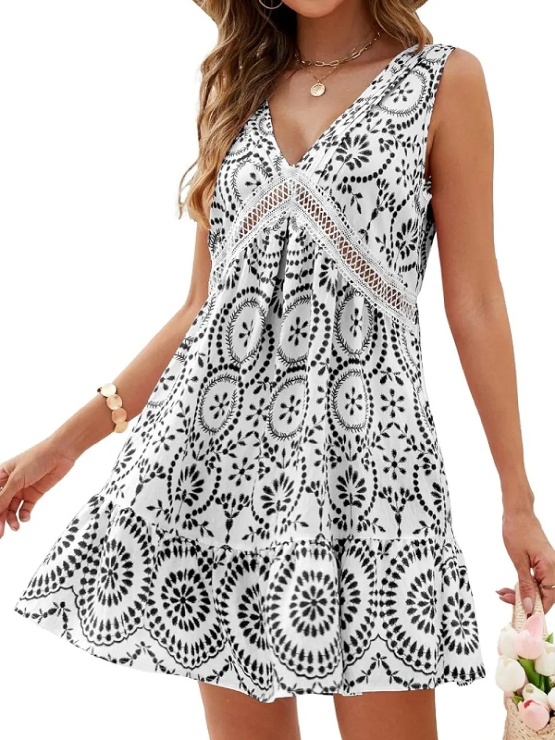 Printed V-Neck Sleeveless Mini Dress - Tigbul's Variety Fashion Shop