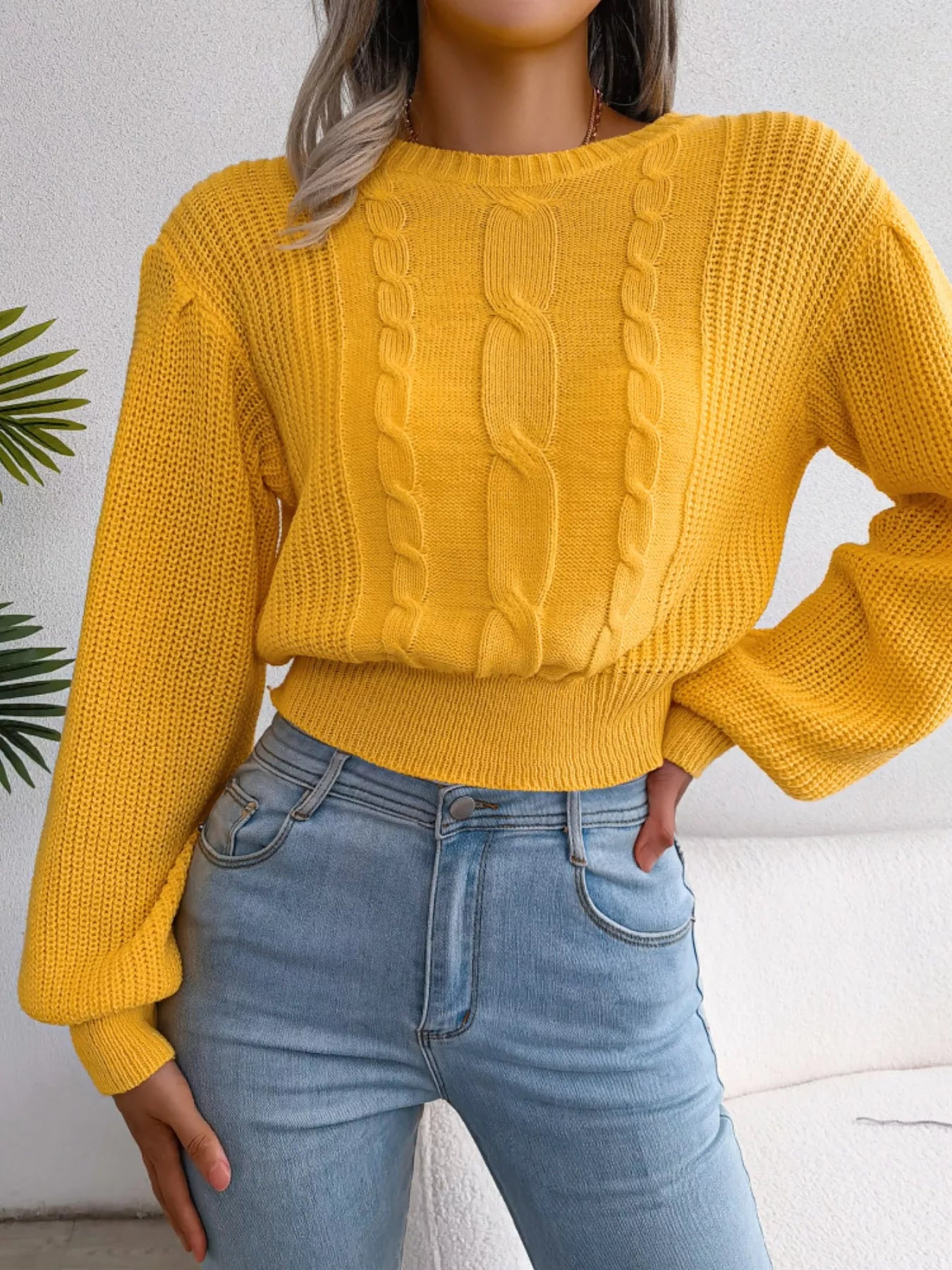 Cable Knit Round Neck Cropped Sweater - Tigbul's Variety Fashion Shop