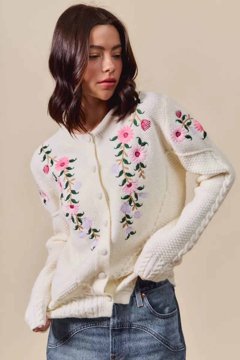 SO ME Floral Embroidered Coquette Sweater Cardigan - Tigbul's Variety Fashion Shop