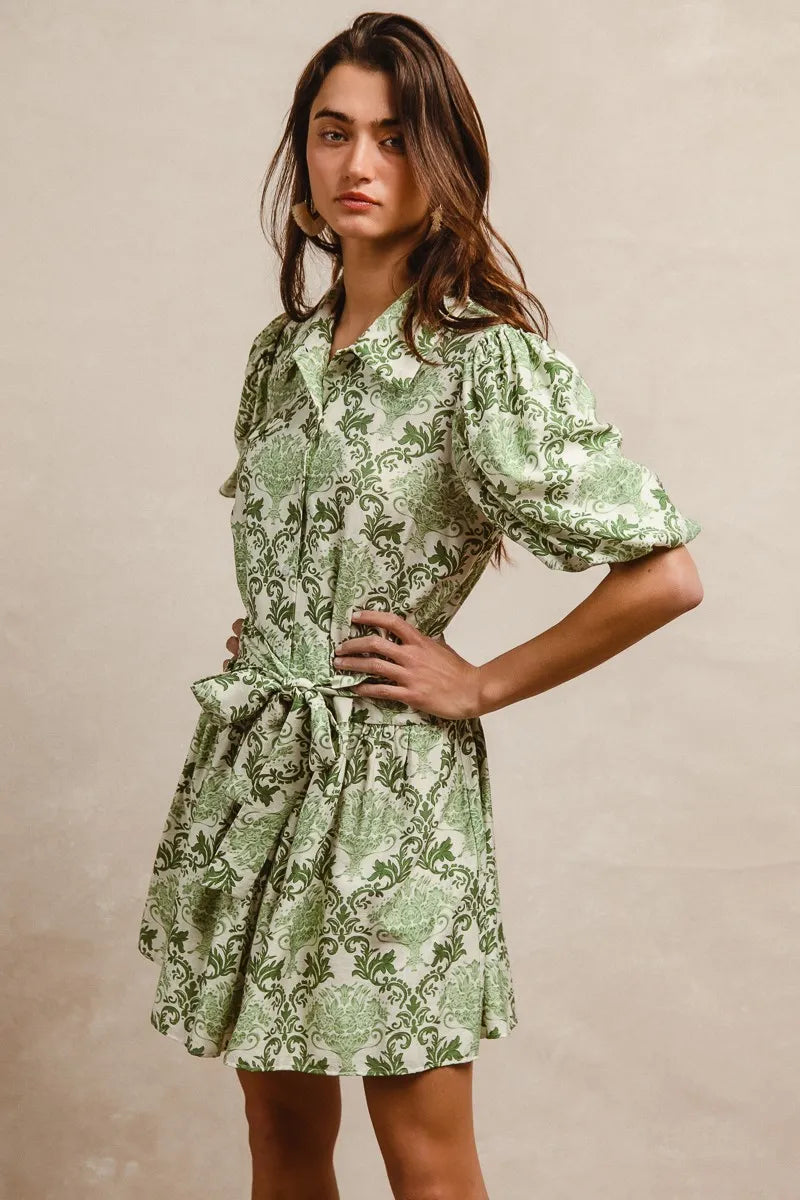 BiBi Tied Floral Short Sleeve Mini Shirt Dress - Tigbul's Variety Fashion Shop