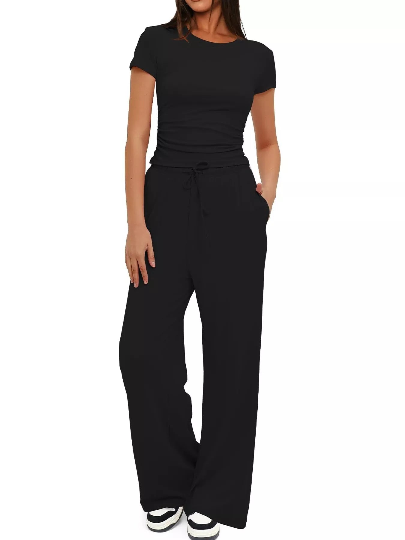 Round Neck Short Sleeve T-Shirt and Pants Set - Tigbul's Variety Fashion Shop