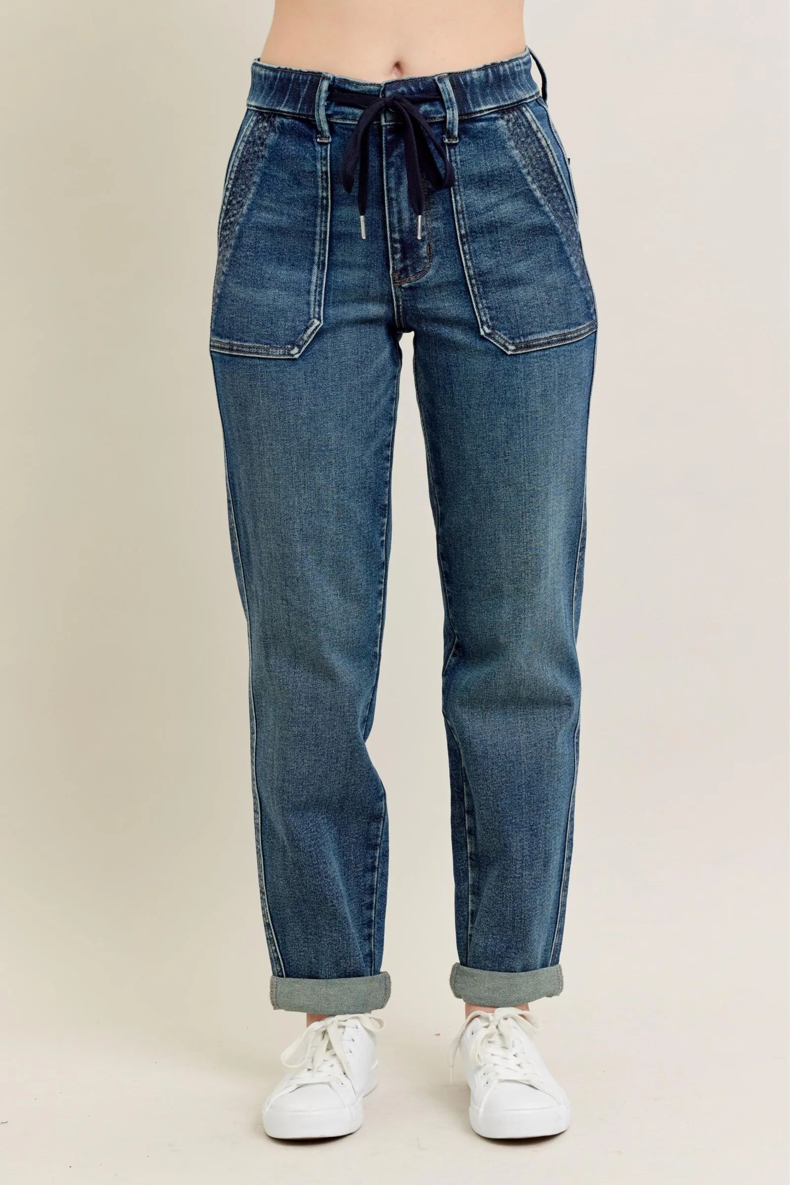 Judy Blue Full Size HW Vintage Wash Jeans w/ Drawstring Plus Size - Tigbul's Variety Fashion Shop