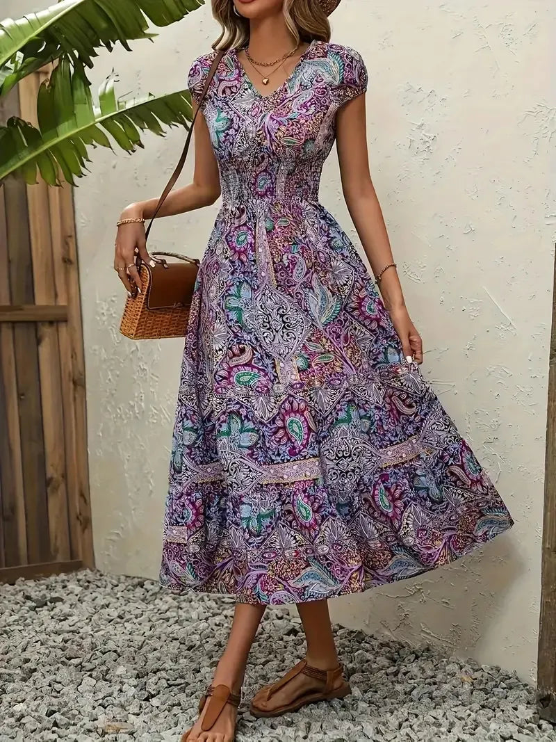 Plus Size Printed V-Neck Short Sleeve Midi Dress - Tigbul's Variety Fashion Shop