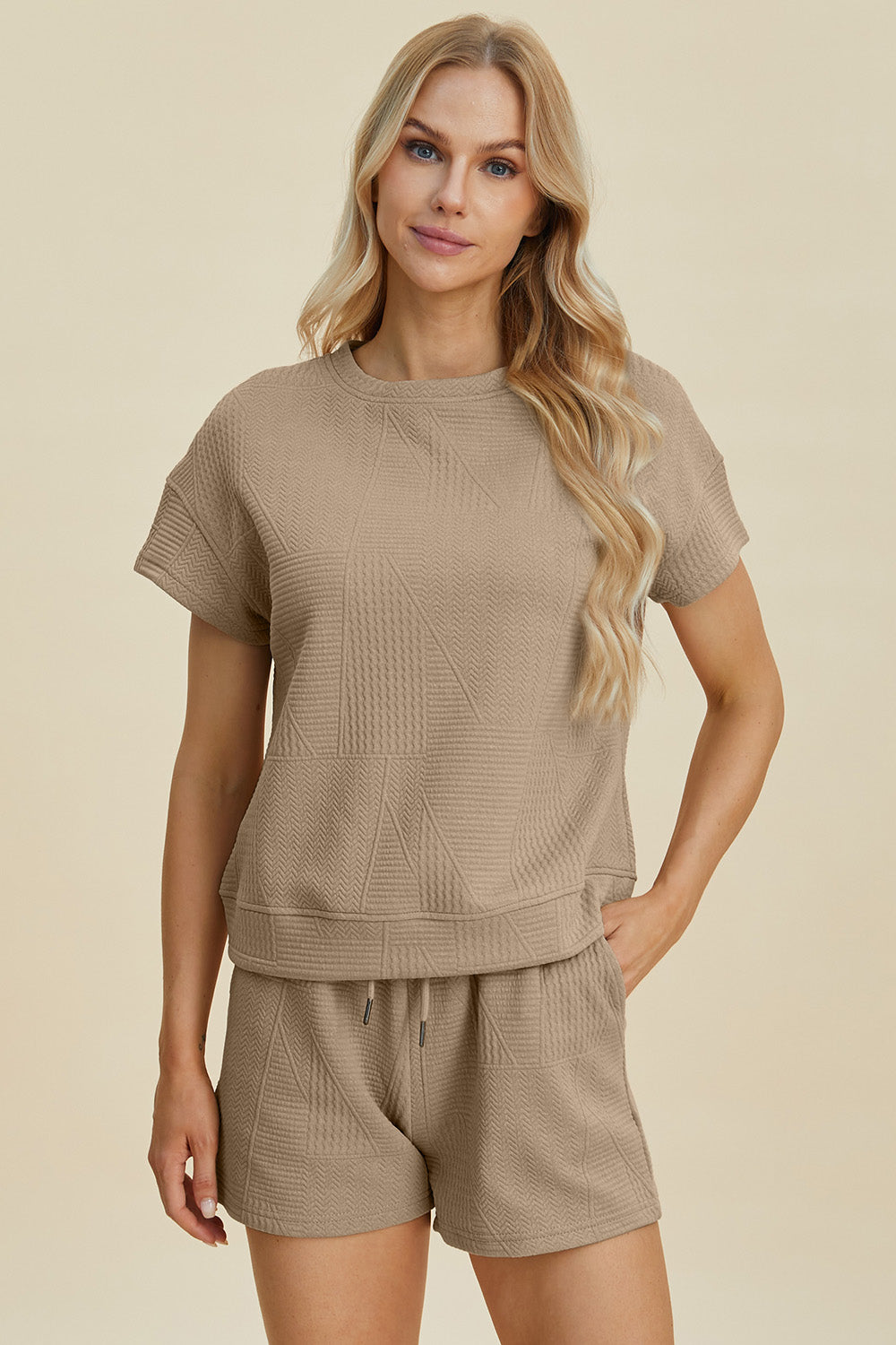 Texture Short Sleeve Top and Shorts Set - Tigbul's Variety Fashion Shop