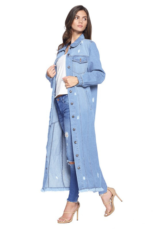 Women's Long Distressed Denim Jacket - Tigbul's Variety Fashion Shop