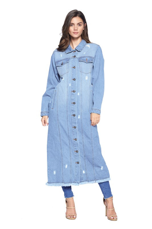 Women's Long Distressed Denim Jacket - Tigbul's Variety Fashion Shop