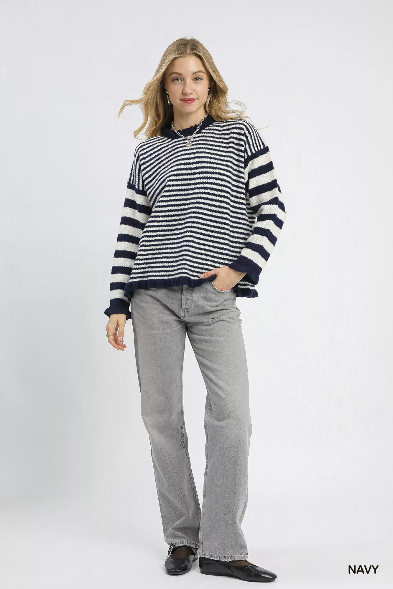 Umgee Ruffle Neck Stripe Sweater - Tigbul's Variety Fashion Shop