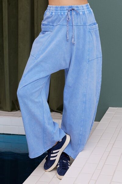 Blue Mineral Wash Elastic Baggy Pants - Tigbul's Variety Fashion Shop