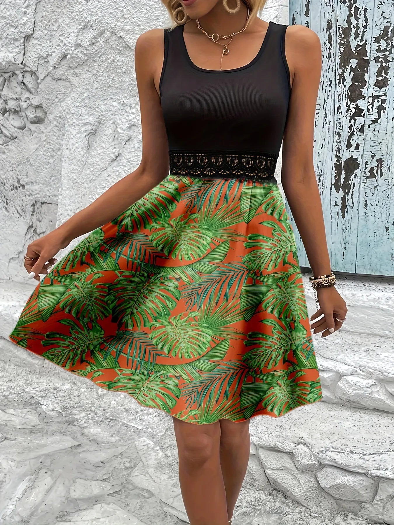 Tropical Print Sleeveless Summer Dress with Lace Waist Detail - Tigbul's Variety Fashion Shop
