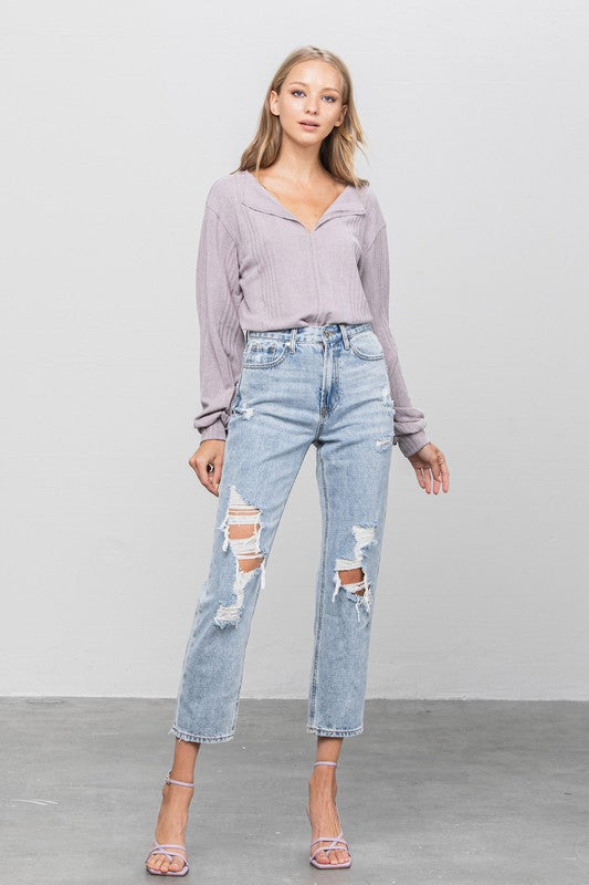 High Rise Ripped Girlfriend Jeans - Tigbul's Variety Fashion Shop