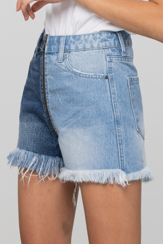 Long Fray Two Tone Denim Shorts - Tigbul's Variety Fashion Shop