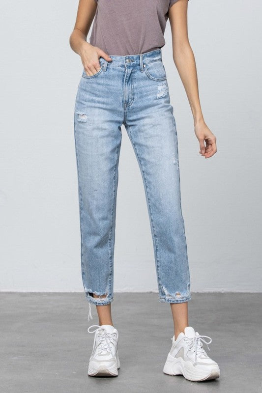 High Waist Ripped Hem Tapered Jeans - Tigbul's Variety Fashion Shop