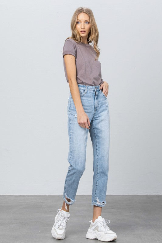 High Waist Ripped Hem Tapered Jeans - Tigbul's Variety Fashion Shop