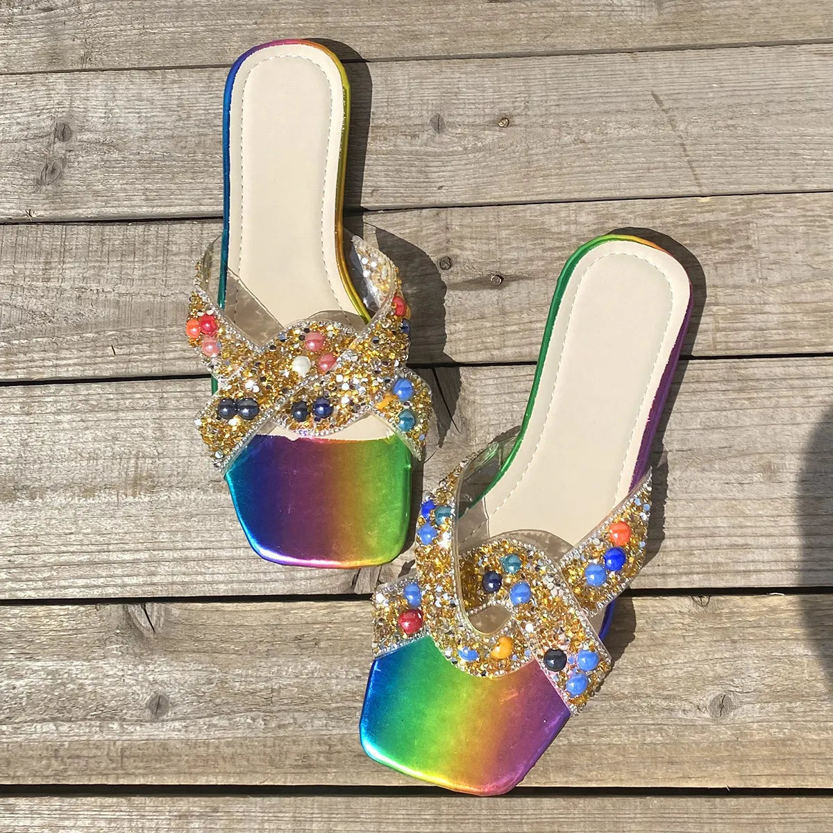 Rainbow Rhinestone Flat Sandals - Tigbul's Variety Fashion Shop