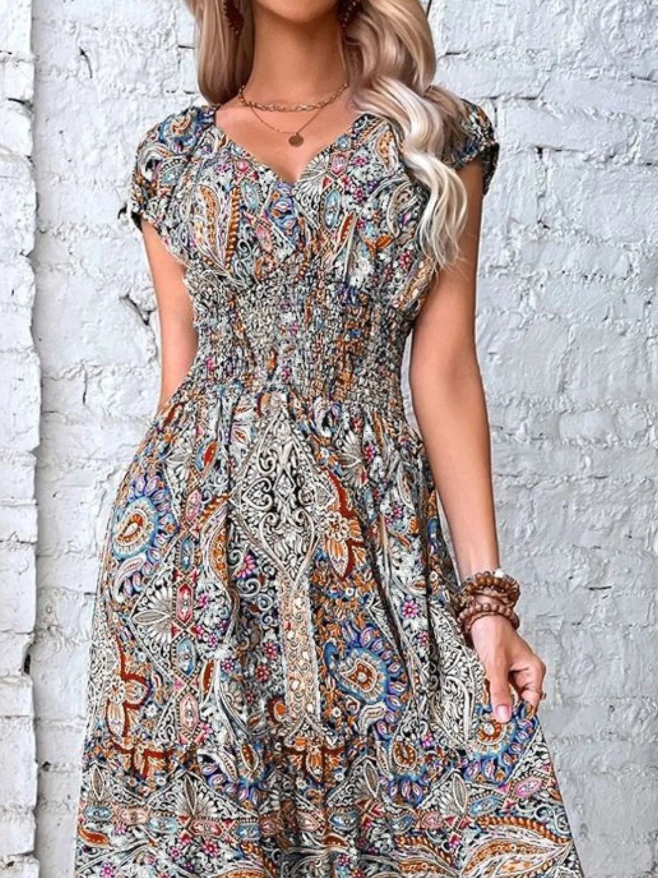 Plus Size Printed V-Neck Short Sleeve Midi Dress - Tigbul's Variety Fashion Shop