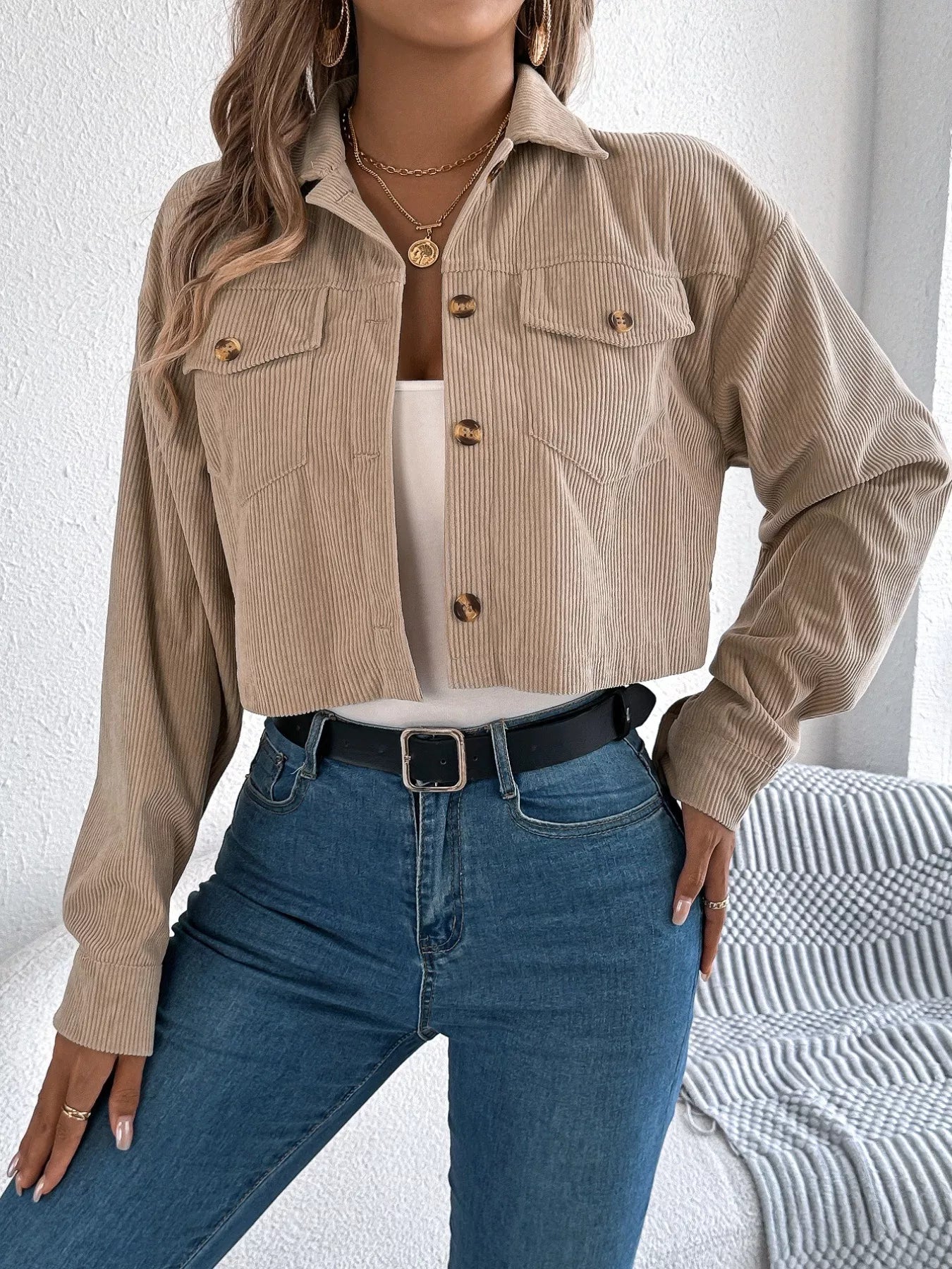Corduroy Button-Up Dropped Shoulder Jacket - Tigbul's Variety Fashion Shop