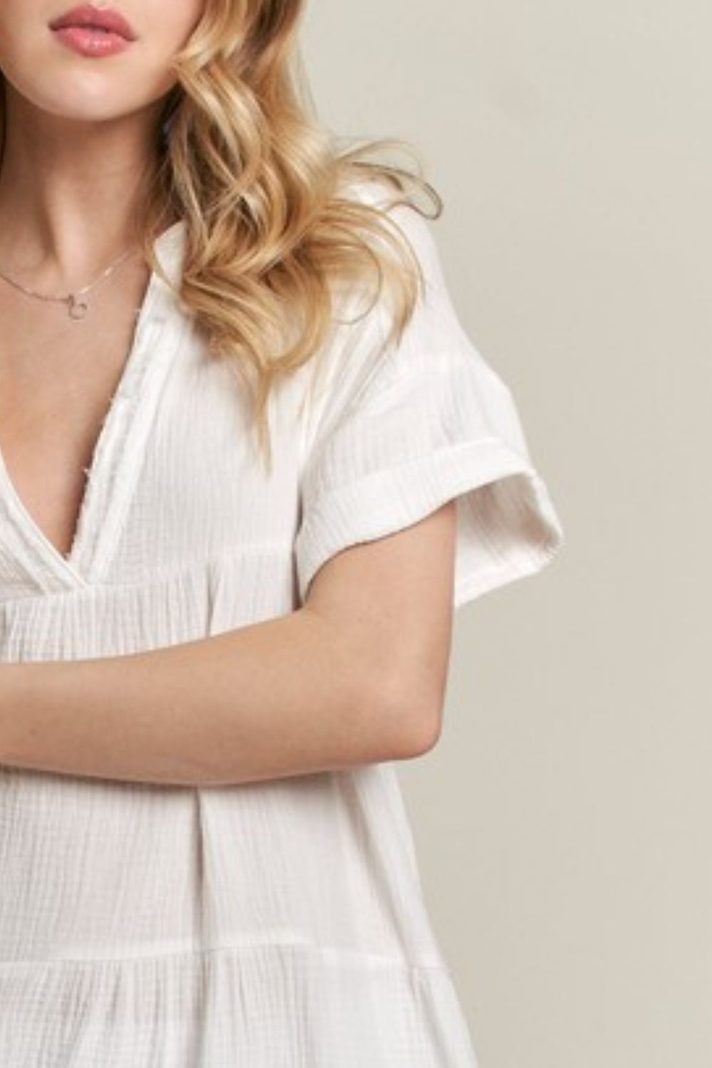 Ivory Tiered Notched Short Sleeve Dress - Tigbul's Variety Fashion Shop