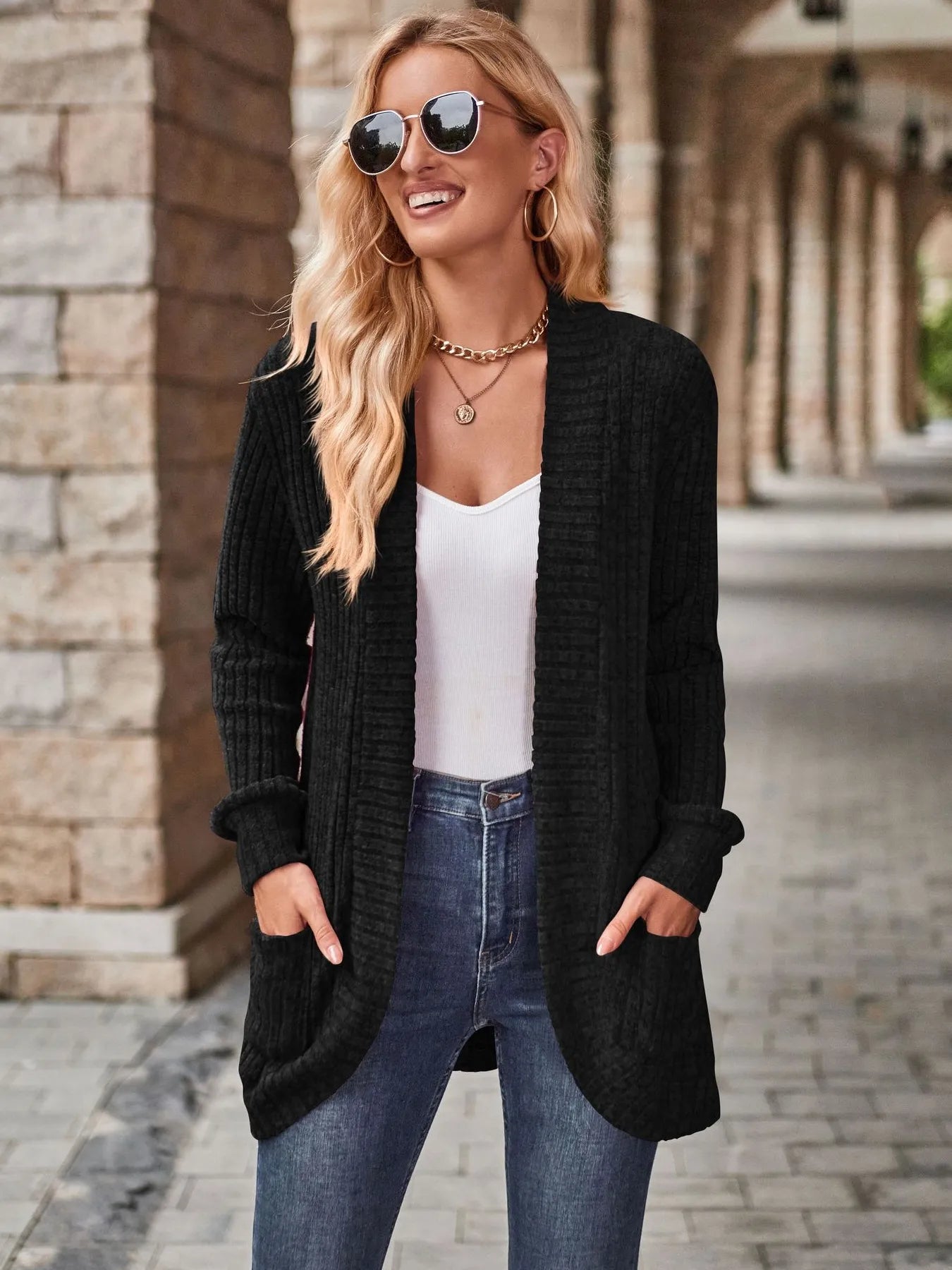 Ribbed Open Front Long Cardigan with Pockets - Tigbul's Variety Fashion Shop