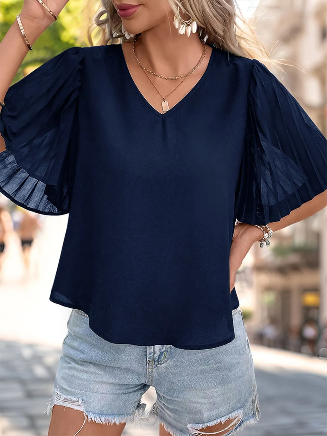 V-Neck Half Sleeve Blouse - Tigbul's Variety Fashion Shop