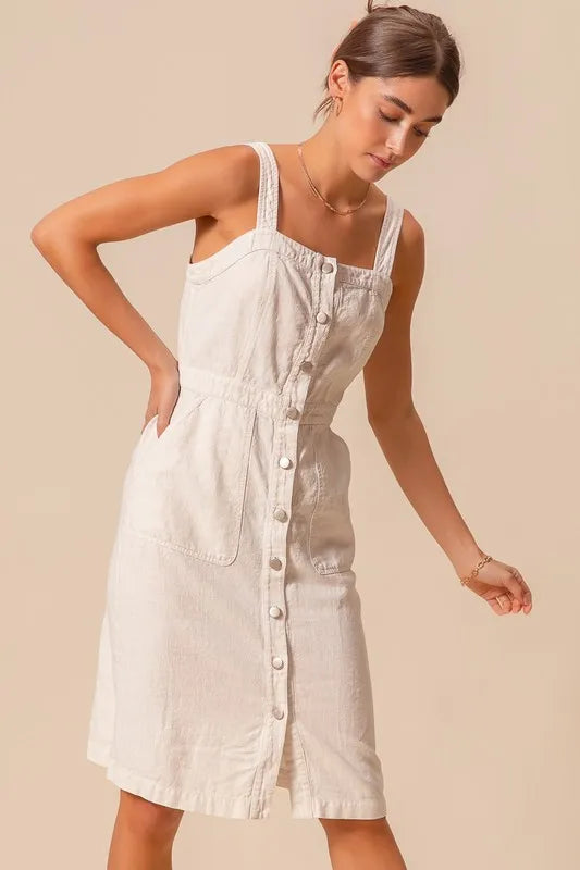 Button Down Pocket Front Off White Pinafore Dress - Tigbul's Variety Fashion Shop
