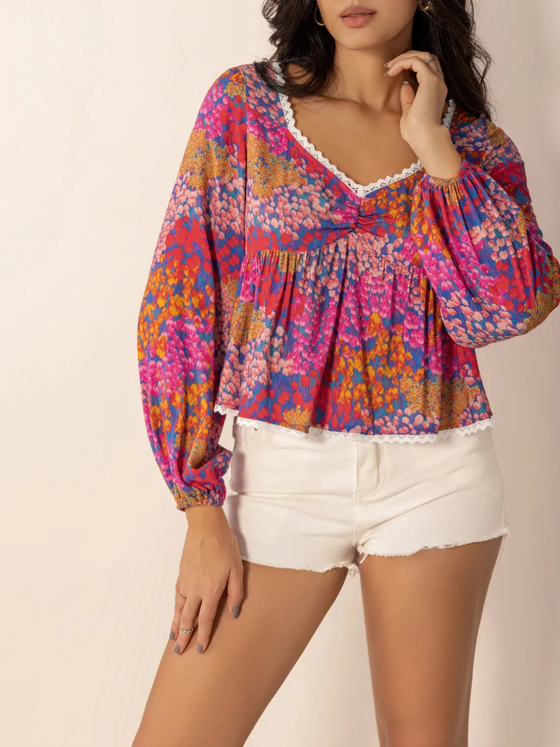 Lace Detail Printed Balloon Sleeve Top - Tigbul's Variety Fashion Shop