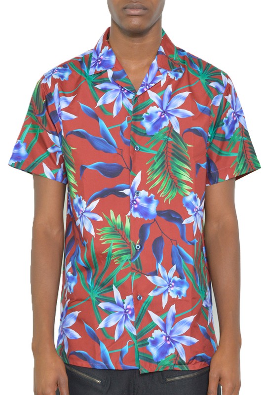 MENS TROPICAL RED BUTTON DOWN SHIRT PRINT - Tigbul's Variety Fashion Shop