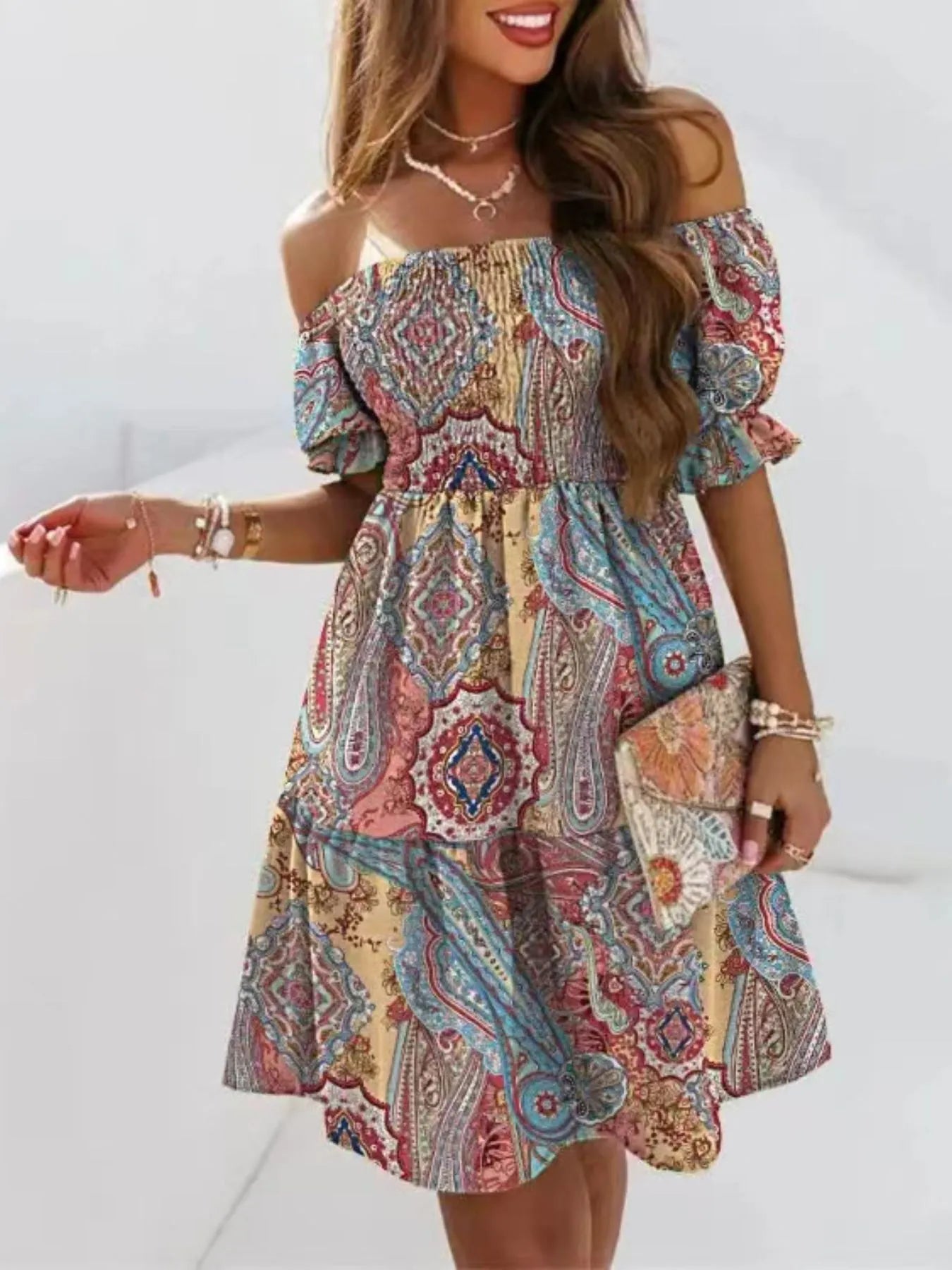 Off Shoulder Smocked Summer Dress - Tigbul's Variety Fashion Shop