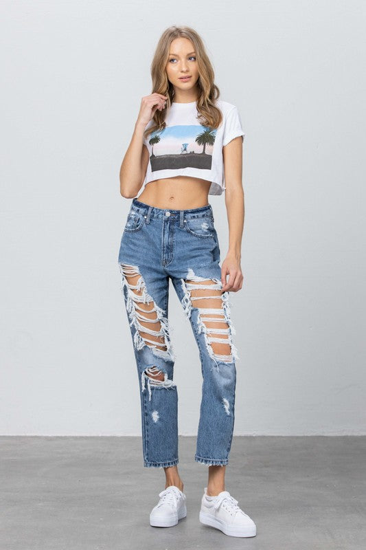 High Rise Heavy Destroyed Mom Jeans - Tigbul's Variety Fashion Shop