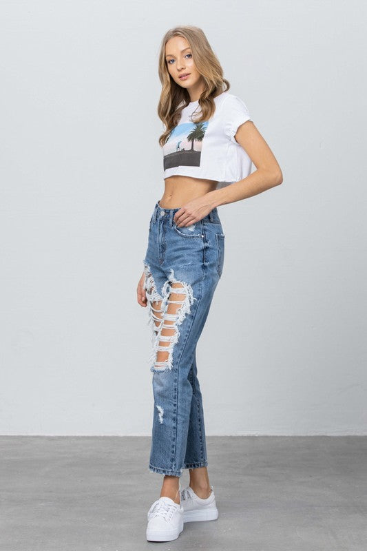 High Rise Heavy Destroyed Mom Jeans - Tigbul's Variety Fashion Shop