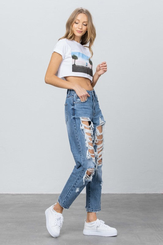 High Rise Heavy Destroyed Mom Jeans - Tigbul's Variety Fashion Shop