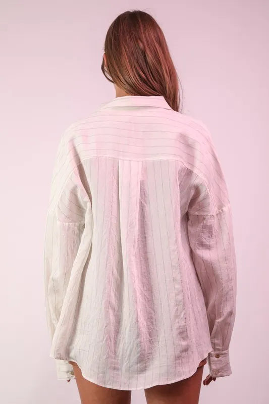 White Plus Size Oversized Striped Button Down Shirt Top - Tigbul's Variety Fashion Shop