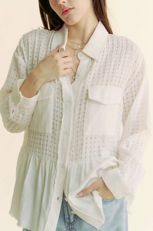 White Garment Washed Jacquard Button Front Shirt - Tigbul's Variety Fashion Shop