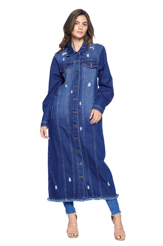 Women's Long Distressed Denim Jacket - Tigbul's Variety Fashion Shop